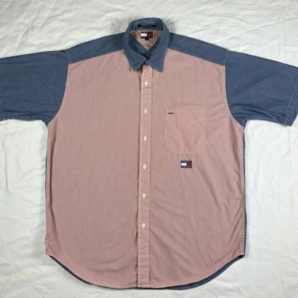 Mens Large Vintage Tommy Jeans Button Up With Flag